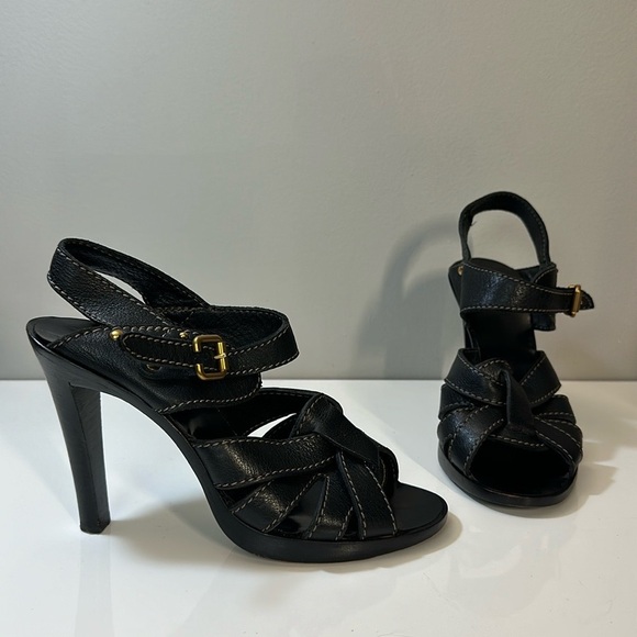 Chloe Black Leather Strap Stacked Sandal Heels Size 40 - Picture 1 of 16